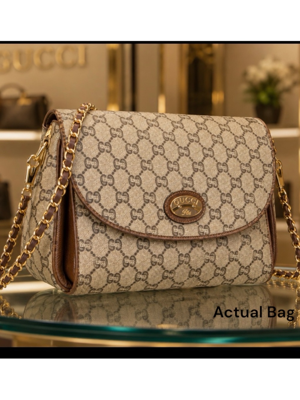 Authentic Gucci VintageSupreme Plus Brown  Beige GG  Crossbody Bag Gold Chain